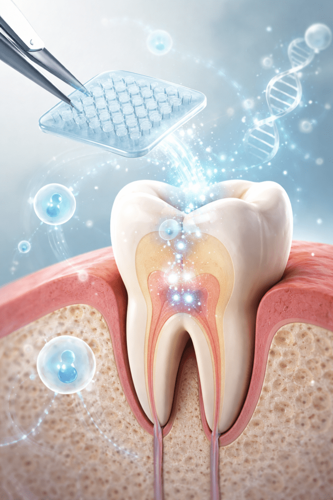 conceptual illustration of a microneedle dental patch beside a tooth cross-section, symbolizing tooth regeneration research.