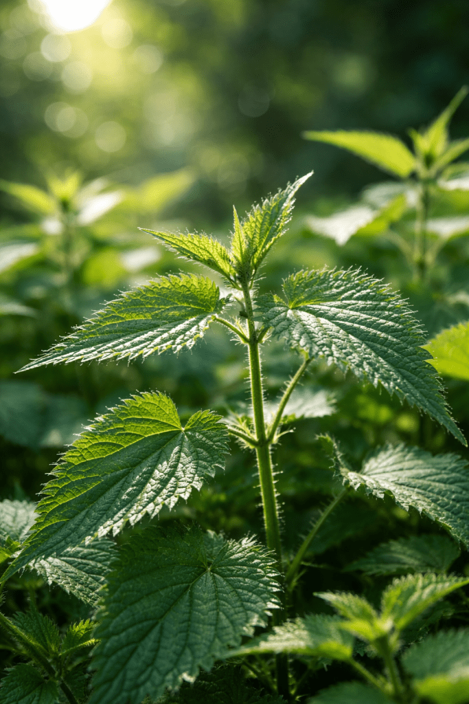 Close-up of stinging nettle leaves showing fine hairs in a sunlit natural environment.