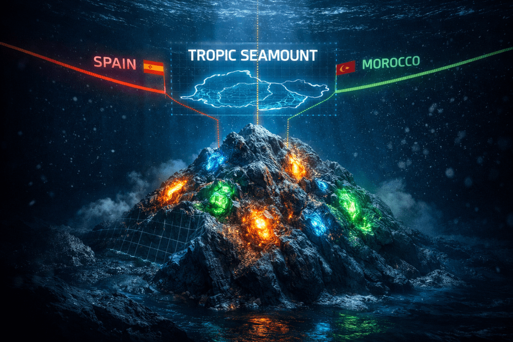 An illustrated undersea mountain with mineral-rich crusts and maritime boundary lines suggesting a Spain-Morocco dispute.