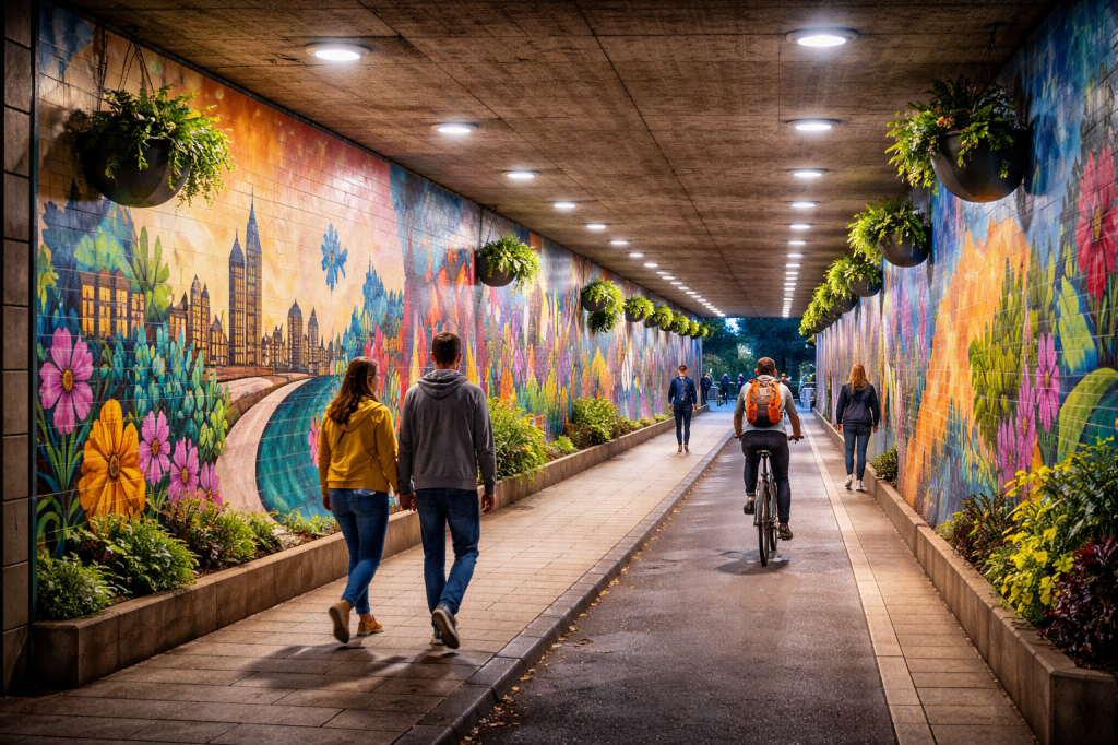 Manchester underpass redesigned with murals, lighting, and greenery to improve safety and appearance.