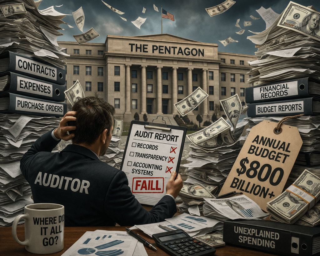 Illustration of the Pentagon surrounded by paperwork and money symbolizing audit failures