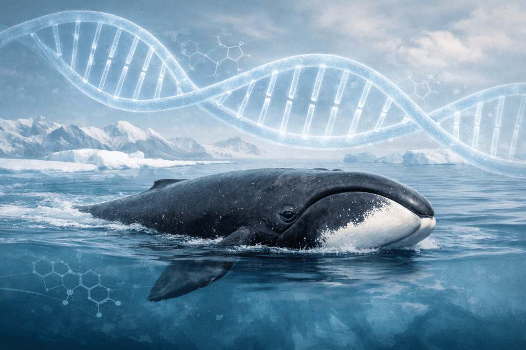 A bowhead whale swimming in Arctic waters with stylized DNA imagery suggesting longevity research.