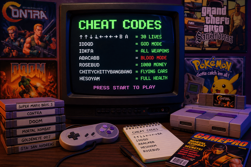 Retro gaming screen displaying classic cheat codes in a nostalgic 90s setup.