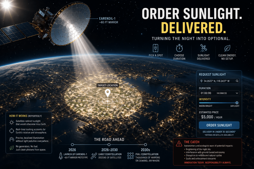 Satellite with a giant mirror reflecting sunlight onto a dark city at night, creating a bright circular daylight zone from space.