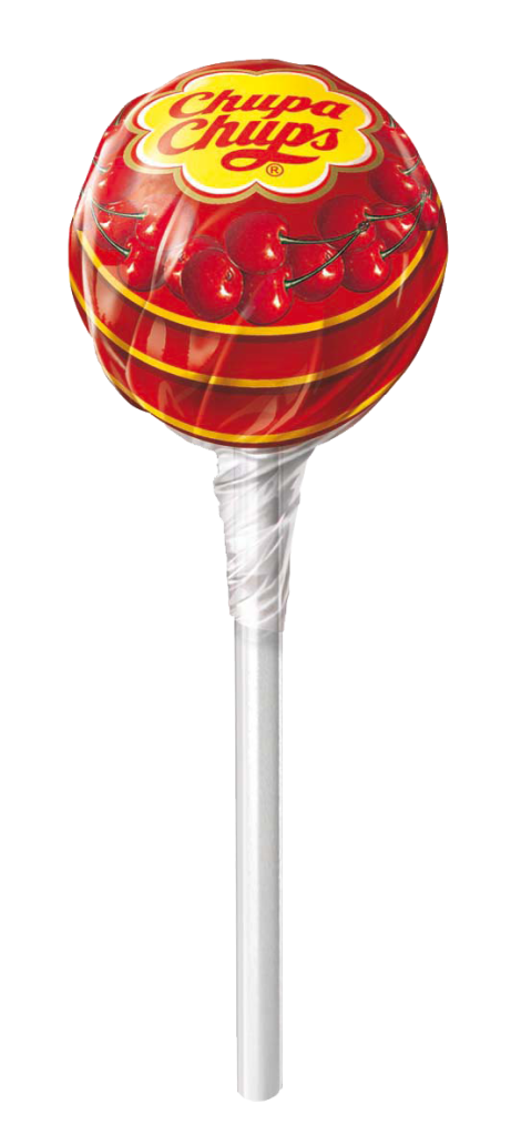 Bright red Chupa Chups lollipop with logo visible on wrapper against a clean transparent background