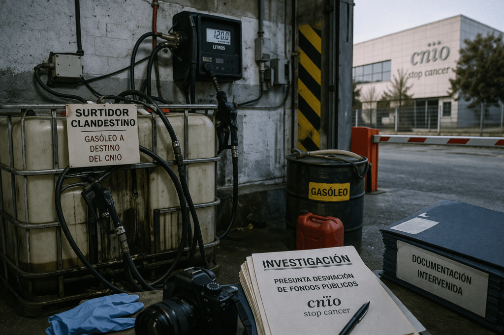 Investigative-style image showing fuel equipment and paperwork tied to a research center corruption probe.