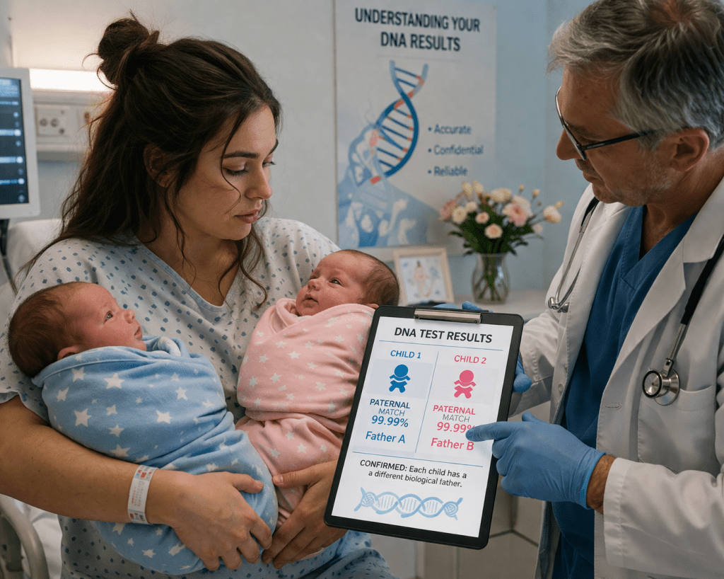 A young mother in a hospital room holds newborn twins while a doctor shows DNA test results indicating each baby has a different father.