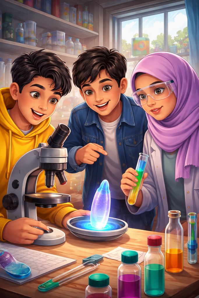 Three teenage inventors examining a futuristic colour-changing condom concept in a workshop.