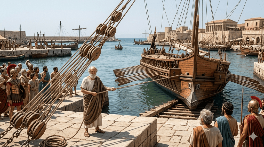 Archimedes demonstrating a compound pulley system to move a large ship in ancient Syracuse