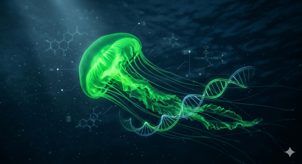 A glowing jellyfish representing the discovery of green fluorescent protein used in modern biology