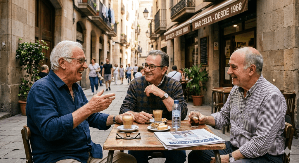 A group of older men sitting around a table outdoors in Spain.