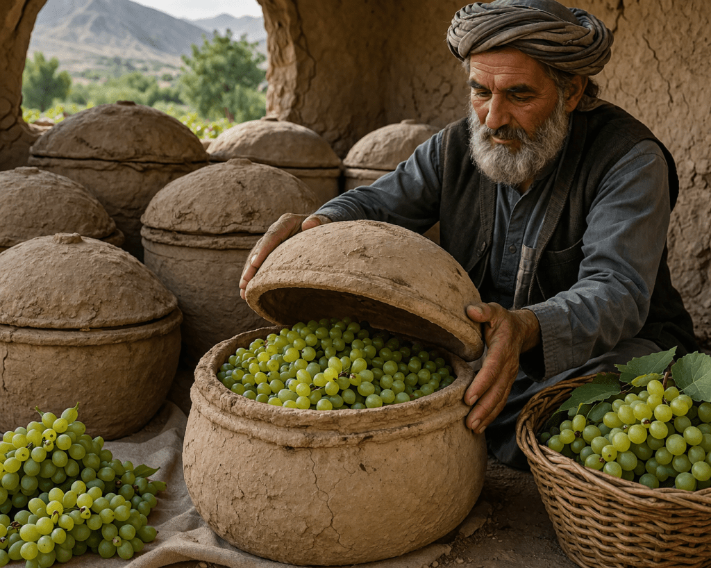 Afghan farmer opening a traditional clay kangina container filled with fresh green grapes in a rustic setting