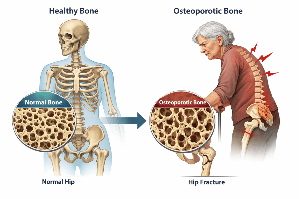Illustration showing the skeletal effects of osteoporosis and reduced bone density.