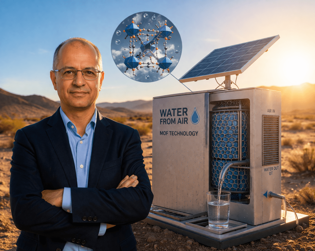 A solar-powered device in a desert collecting water from air using advanced materials