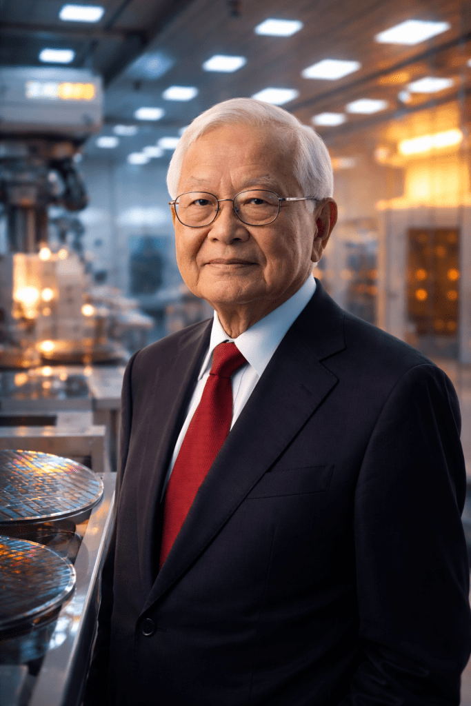 Portrait of Morris Chang framed by a semiconductor cleanroom and wafer equipment.