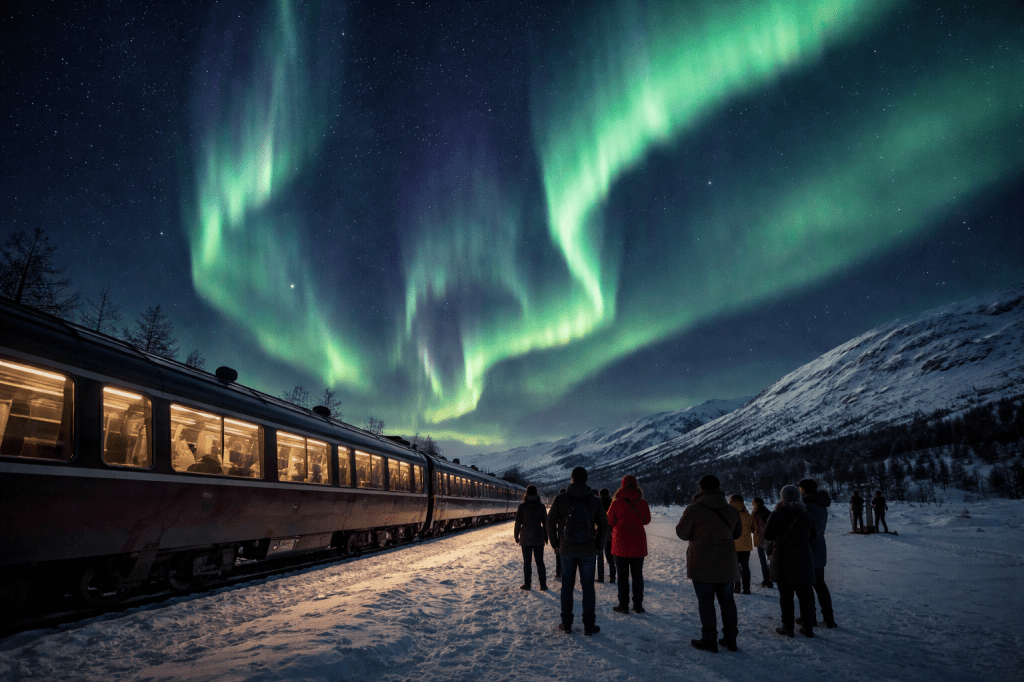 A train in northern Norway with passengers watching the aurora borealis in a dark Arctic landscape.