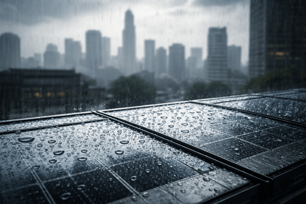 Raindrops on a translucent glass roof during rain, suggesting rooftop rain-energy harvesting.