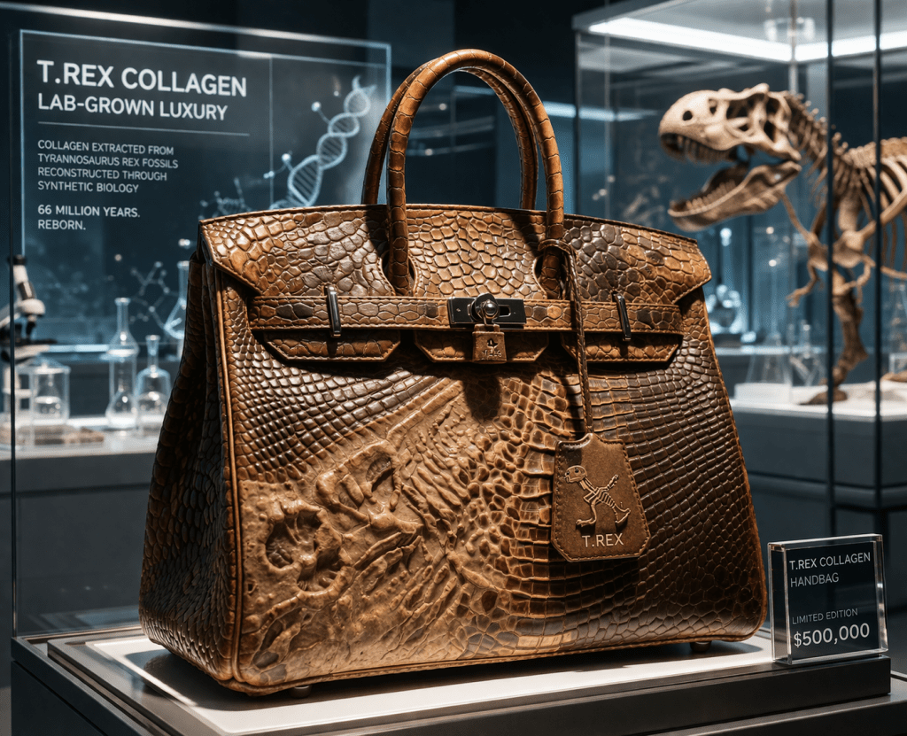 Luxury handbag inspired by lab-grown Tyrannosaurus rex collagen displayed in a futuristic setting