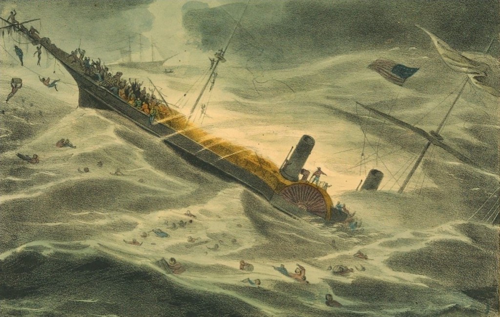 An 1857 engraving showing the SS Central America sinking in rough seas.