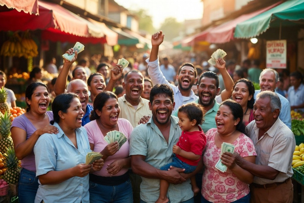 Salvadoran workers celebrating Bukele’s Quincena 25 extra January pay bonus in a lively market setting.