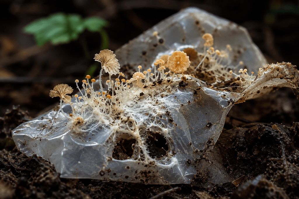 Close-up of fungus breaking down a piece of plastic in a natural environment.