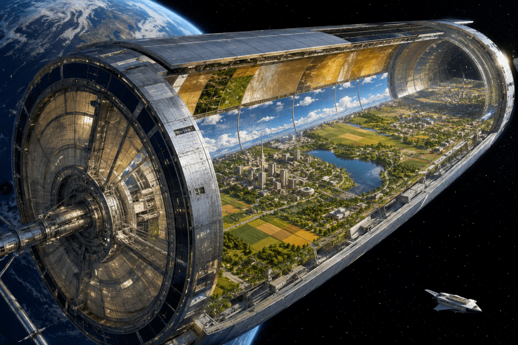 Concept art of a rotating space habitat cylinder with cities and farmland inside.
