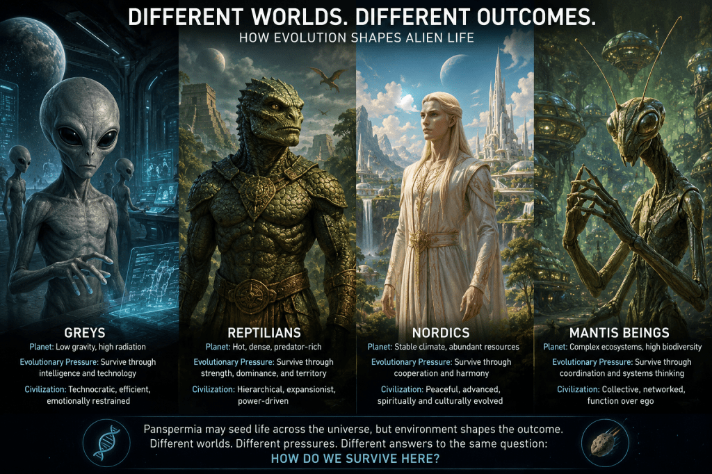 Conceptual illustration of different alien species evolving from varied planetary environments.
