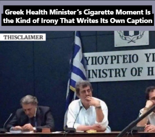 Greek health minister smoking a cigarette inside the Ministry of Health building on World No Tobacco Day