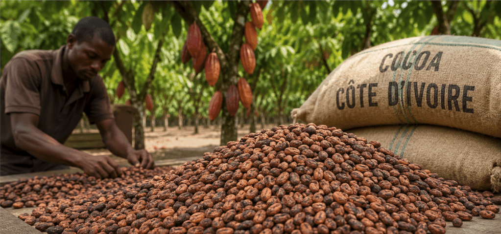 Cocoa beans drying in large piles on a farm in Ivory Coast with a worker sorting beans in the background.