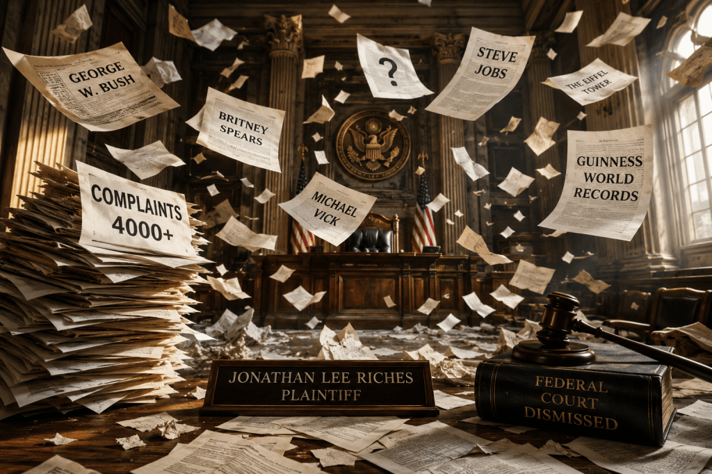 Empty courthouse hallway with symbolic scattered legal documents representing excessive litigation