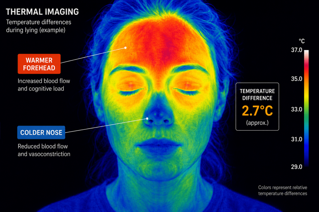 Thermal image of a human face highlighting temperature differences between nose and forehead