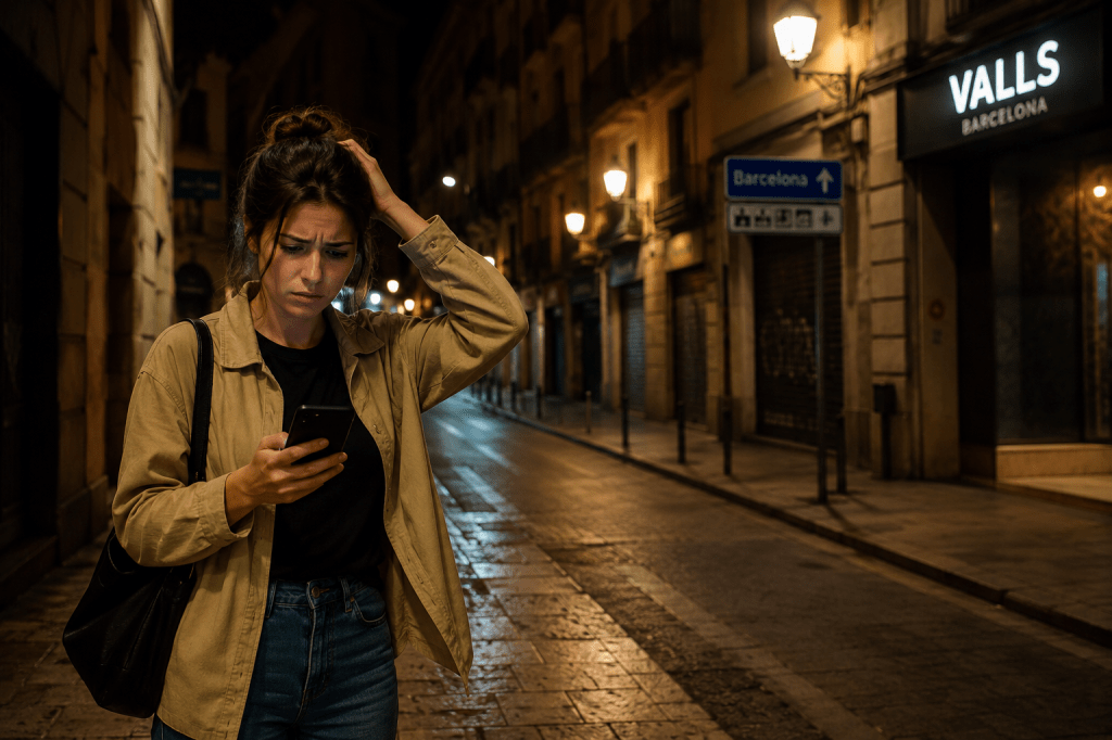 A woman standing alone on a dimly lit street in Spain, looking confused at her phone.