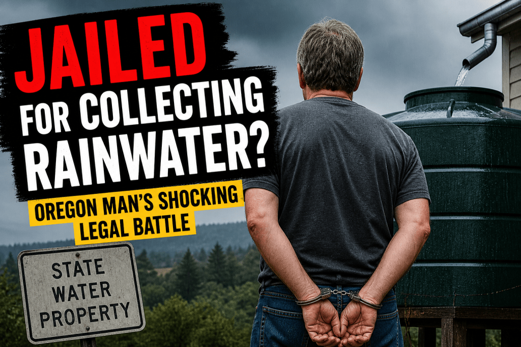 A man in handcuffs stands beside a large rainwater tank as water flows from a gutter during a storm.
