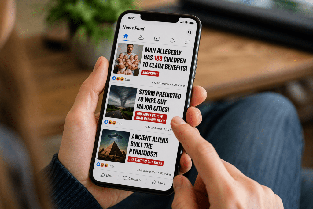 A person holding a smartphone displaying a social media feed filled with sensational headlines.