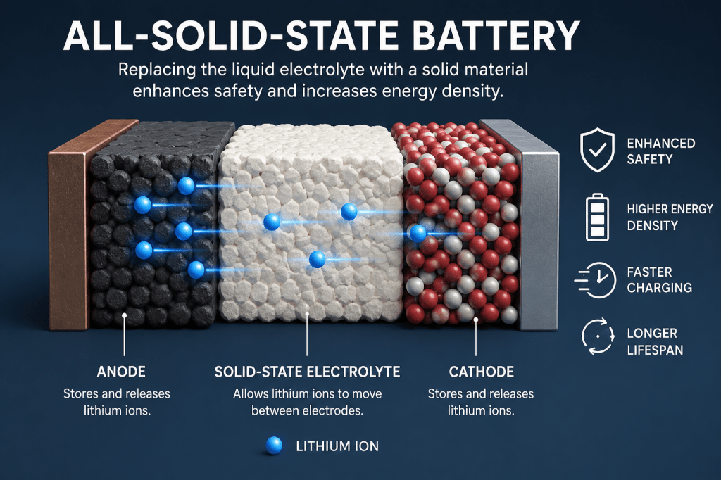 Diagram showing the anode, solid-state electrolyte, and cathode in an all-solid-state battery.