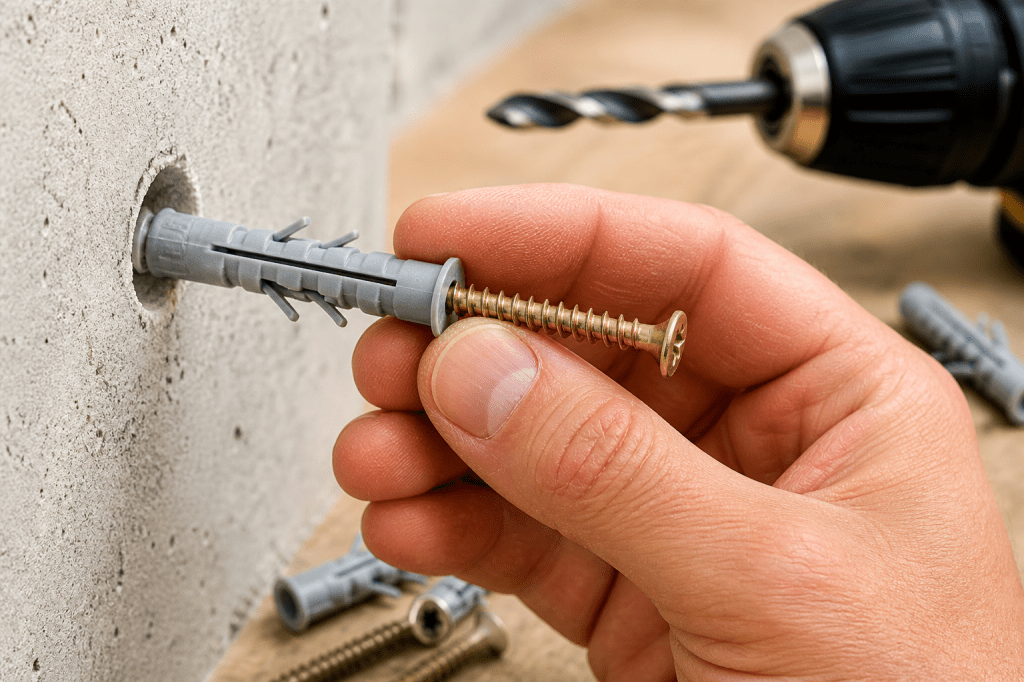 Close-up of a hand inserting a screw into a plastic wall plug anchored in a drilled concrete wall