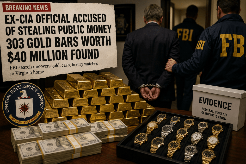 FBI agents escort a man while a table displays gold bars, stacks of cash, and luxury watches seized as evidence.