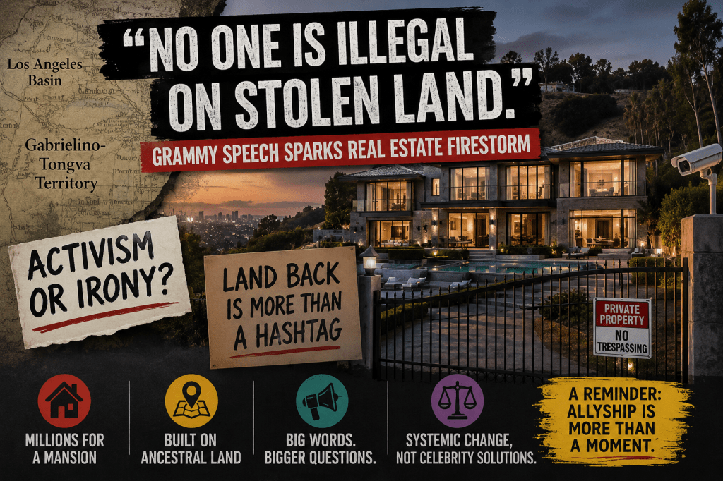 Editorial-style image of a luxury hillside mansion behind gates, overlaid with bold protest-style text reading “No One Is Illegal on Stolen Land,” alongside graphics referencing activism, ancestral land, and systemic inequality.
