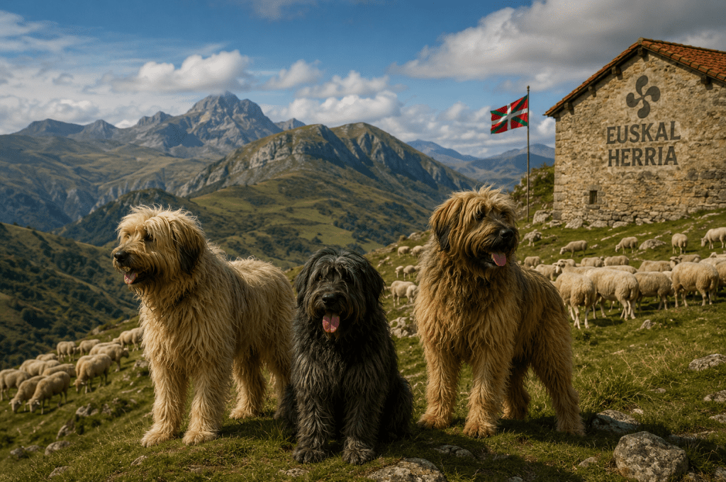 Traditional Basque shepherd dogs standing in the mountains of Navarre, reflecting the region's ancient pastoral culture.