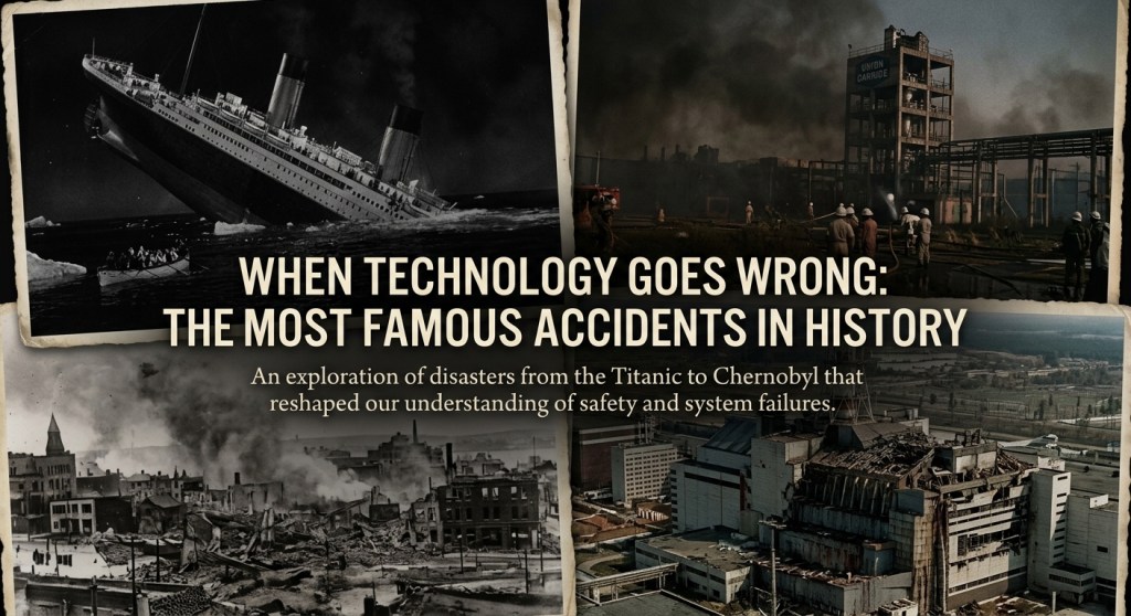 A four-panel grid illustration featuring historic technological disasters, including the sinking Titanic, the aftermath of the Halifax Explosion, the Union Carbide pesticide plant in Bhopal, and the damaged Chernobyl reactor, centered with the article title.