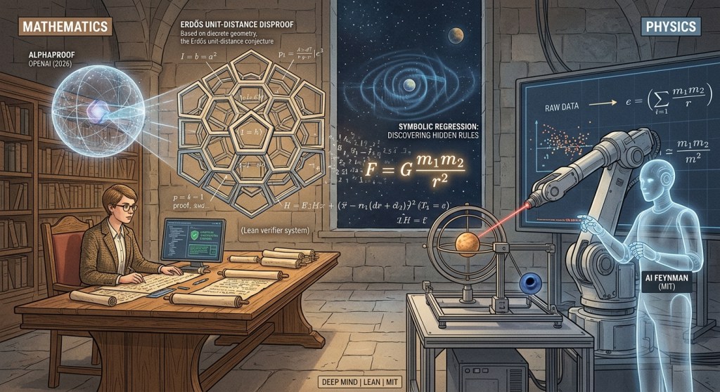 A detailed conceptual illustration split into Mathematics and Physics sections. On the left, a mathematician and a geometric visualization titled 'Erdős Unit-Distance Disproof' represent OpenAI's AlphaProof research and the Lean verifier system. On the right, a robot arm and a digital projection titled 'Symbolic Regression' visualize MIT's AI Feynman system recovering Newton's law of gravity from raw data.