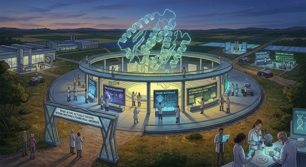 A detailed illustration of an open-air research campus at twilight. Scientists examine displays and experiments highlighting real-world AI achievements, including a giant glowing protein structure, GNoME materials, halicin discovery, and mathematical olympiad solutions.