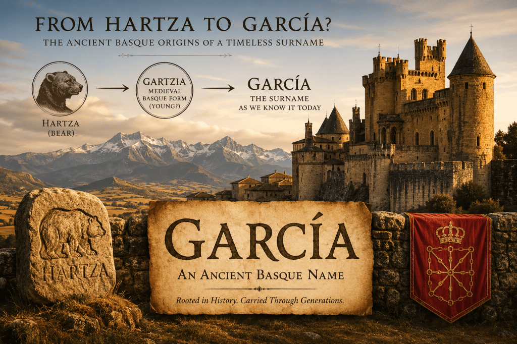 Illustration depicting the possible evolution of the Basque word Hartza into the medieval form Gartzia and the modern surname García, set against the historic landscape of Navarre and the Pyrenees.