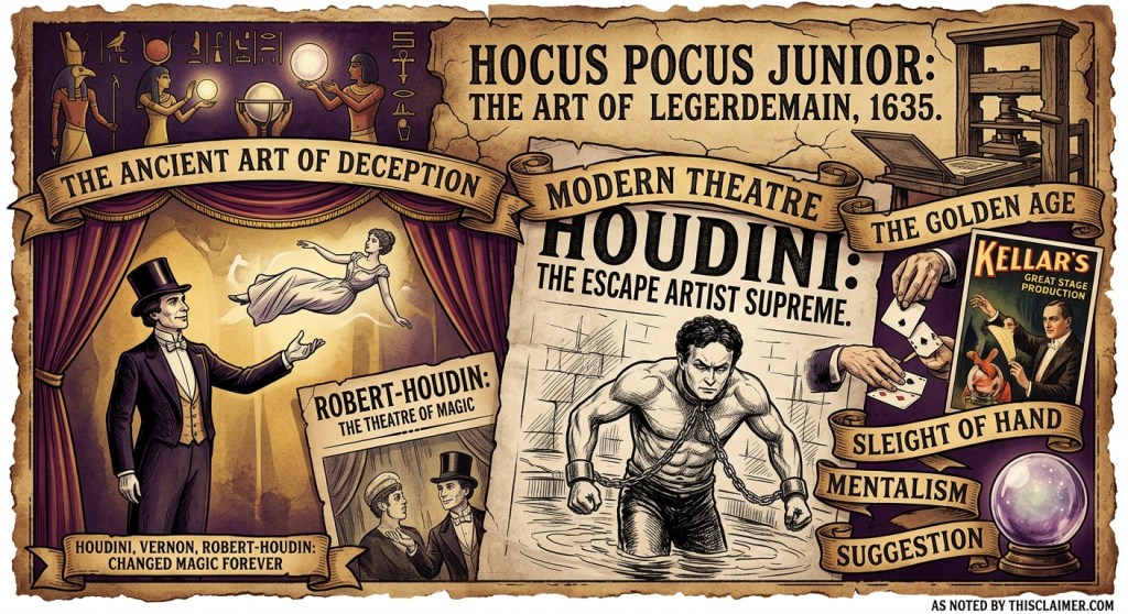 Vintage collage illustration depicting the history of magic, featuring ancient Egyptian symbols, 17th-century books, Jean-Eugène Robert-Houdin's theatrical levitation, Harry Houdini in chains, playing cards, and a crystal ball.