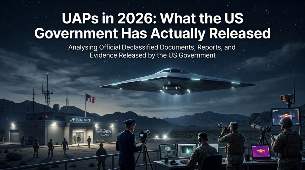 Modern US military control room and outdoor monitoring site analyzing a dark, metallic saucer-shaped UAP glowing in the night sky over desert mountains.