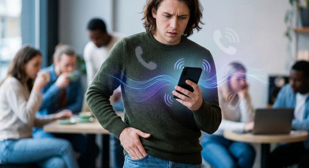 A perplexed man in a green sweater holding a smartphone in a cafe, reaching toward his pocket with translucent glowing vibration waves and phone icons surrounding him.