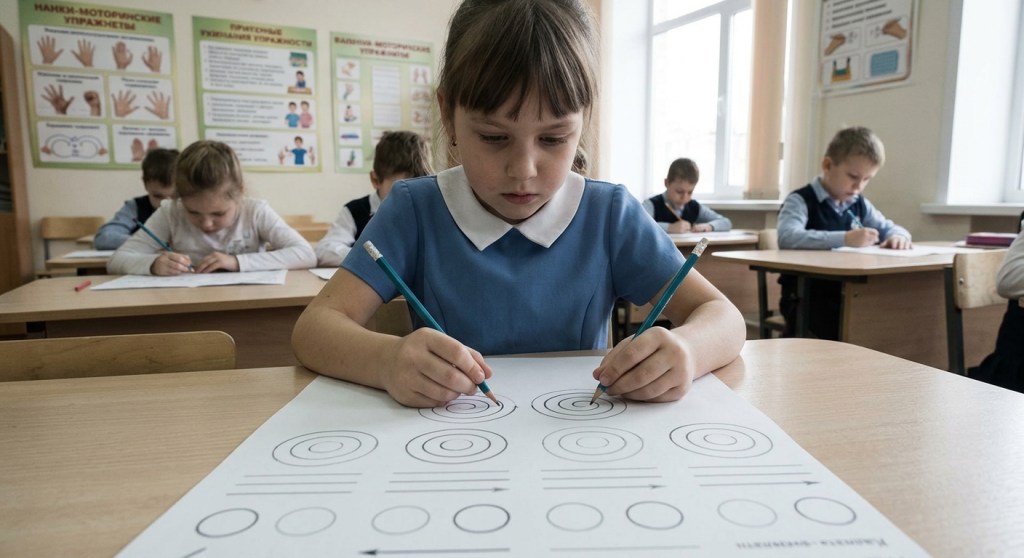 A schoolgirl sitting at a classroom desk holding a pencil in each hand, drawing symmetrical circles and shapes on a worksheet simultaneously as part of a bimanual coordination exercise.
