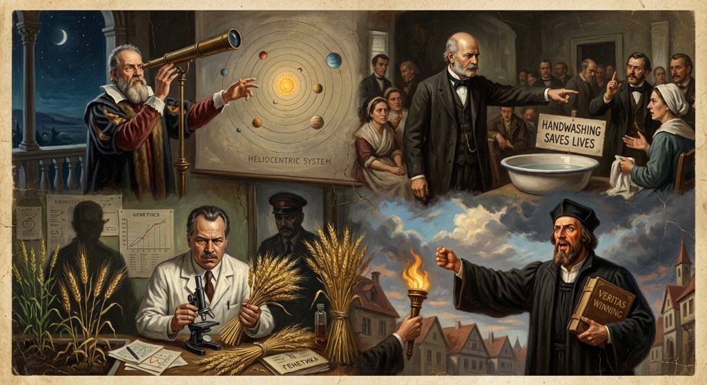 A collage illustrating key historical figures punished for ideas now widely accepted, including Galileo Galilei observing planets through a telescope, Ignaz Semmelweis advocating for handwashing, Nikolai Vavilov studying genetics, and Jan Hus standing for reform.