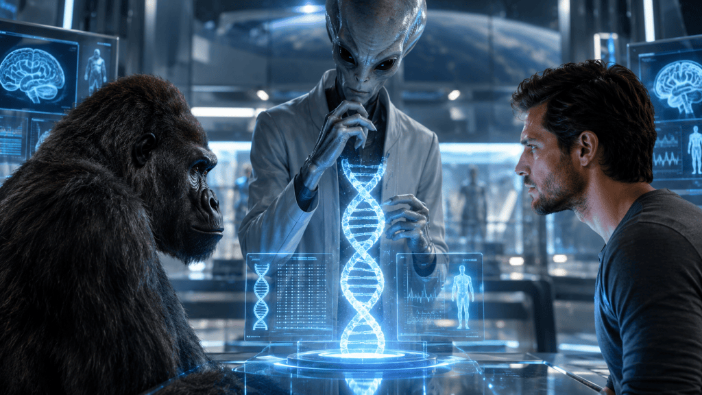 A hypothetical advanced non-human creator examines a gorilla and a human beside a glowing DNA double helix in a futuristic laboratory.
