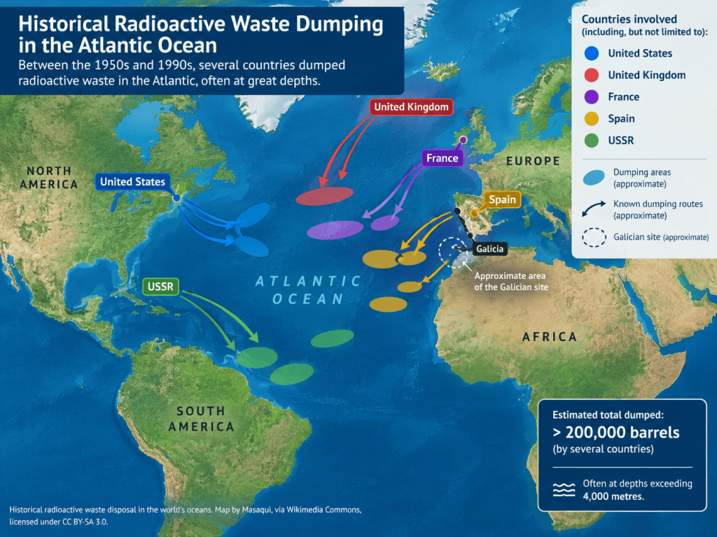Map illustrating historical radioactive waste dumping areas in the Atlantic Ocean, highlighting the approximate site off Galicia, Spain.